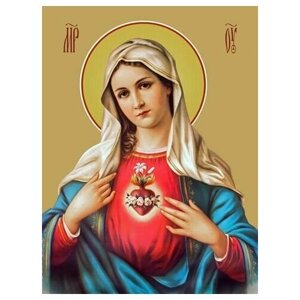 Освященная икона на дереве ручной работы - Святое Сердце Марии, 15х20х1,8 см, арт Ид3255