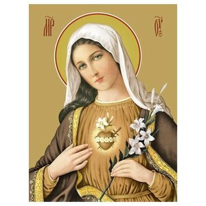 Освященная икона на дереве ручной работы - Святое Сердце Марии, 15x20x3,0 см, арт Ид3247