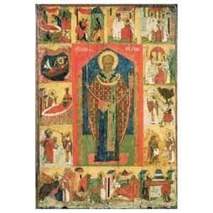 Освященная икона на дереве ручной работы - Святой Николай Можайский с житием, 15 век, 15х20х1,8 см, арт А738