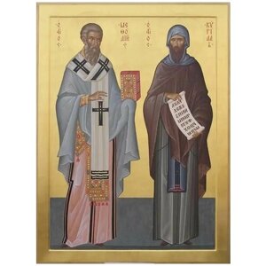 Освященная икона на дереве ручной работы - Святые Кирилл и Мефодий, 15х20х1,8 см, арт А6620