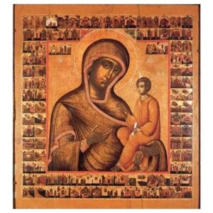 Освященная икона на дереве ручной работы - Тихвинская икона Божией Матери, 20x20x3 см, арт А284