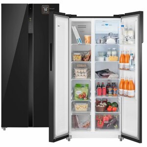 Отдельностоящий холодильник Side by Side двухдверный WSBS 500 Inverter NoFrost Black Glass, 3 года гарантии, Полный No Frost, инвертор, Сенсорное управление, Цифровой дисплей, LED освещение, Большой общий объём 500 л,