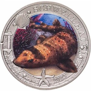 Памятная цветная монета 3 евро Калифорнийская раздувающаяся акула. Австрия, 2023 г. в. UNC
