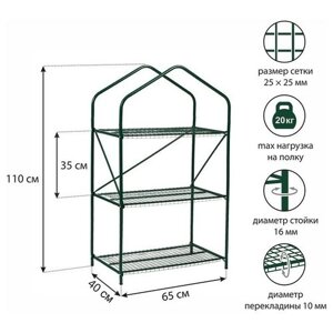 Парник-стеллаж, 3 полки, 110 65 40 см, металлический каркас d = 16 мм, чехол плёнка 100 мкм