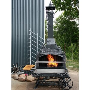 Печь - гриль для жарки поросят и баранов с вертелом, металлическая с элементами ковки "Ветки дерева"