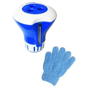 Плавающий дозатор 17.5 см с термометром для бассейна KF, синий, в подарок перчатка для пилинга