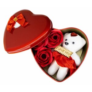 Подарочный набор для женщин, букет из мыльных роз и мишка в металлическом сердце, подарок на день влюбленных, 14 февраля, 8 марта, девушке, подруге, маме