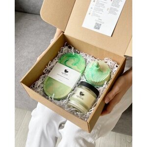 Подарочный набор для женщин. Шкатулка из гипса, подставка и ароматическая декоративная свеча. Зеленый