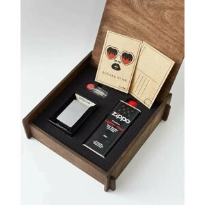 Подарочный набор оригинальная зажигалка Zippo 230 с топливом 125 мл + кремнии в деревянной коробке