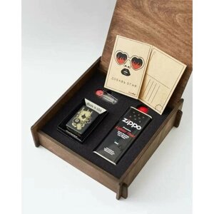 Подарочный набор оригинальная зажигалка Zippo 49257 с топливом 125 мл + кремнии в деревянной коробке