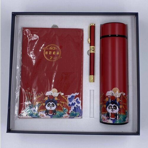 Подарочный набор "Панда"термостакан, ежедневник и ручка, красного цвета