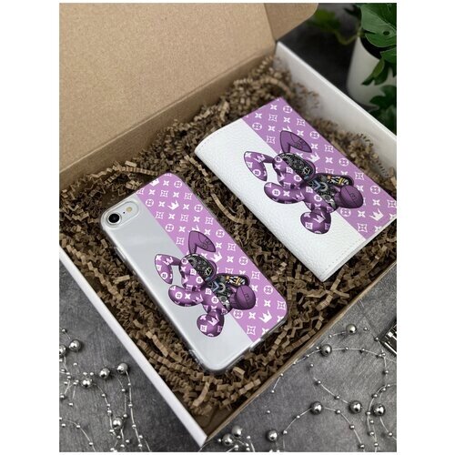 Подарочный набор: Прозрачный силиконовый чехол для iPhone 7/8/SE2020/ Айфон 7/8/СЕ020 + Белая кожаная обложка на паспорт Bunny Розовый