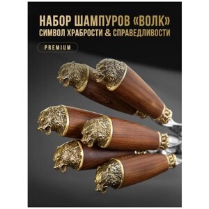 Подарочный набор шампуров с головами зверей "Волк"Шампуры с деревянной ручкой подарочные PREMIUM