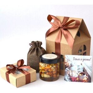 Подарочный набор "Уютный дом" в коричневом цвете с орехами в меду и чаем, подарок на новоселье, день рождения, комплимент врачу, учителю, воспитателю