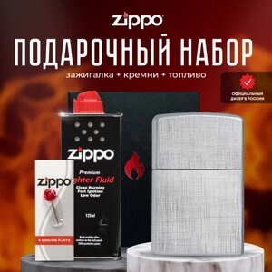 Подарочный набор ZIPPO ( Зажигалка ZIPPO 28181 Classic, серебристая, с покрытием Brushed Chrome + кремни + топливо, 125 мл )