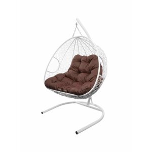 Подвесное кресло из ротанга "Для двоих" белое с коричневой подушкой M-GROUP