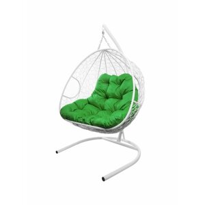 Подвесное кресло из ротанга "Для двоих" белое с зеленой подушкой M-GROUP