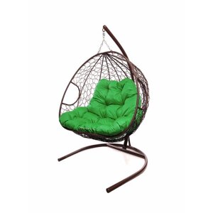 Подвесное кресло из ротанга "Для двоих" коричневое с зеленой подушкой M-GROUP
