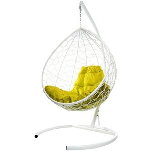 Подвесное кресло из ротанга "Капля" белое с жёлтой подушкой M-Group