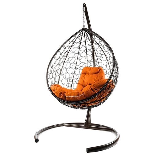 Подвесное кресло из ротанга "Капля" коричневое с оранжевой подушкой M-Group