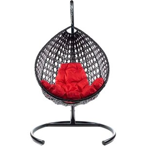 Подвесное кресло из ротанга "Капля Люкс" чёрное с красной подушкой M-Group