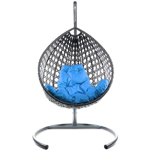 Подвесное кресло из ротанга "Капля Люкс" серое с голубой подушкой M-Group