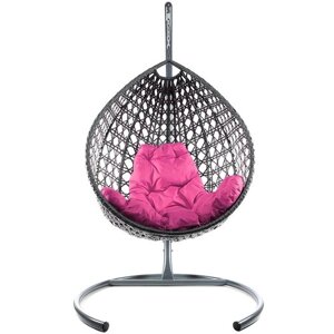 Подвесное кресло из ротанга "Капля Люкс" серое с розовой подушкой M-Group