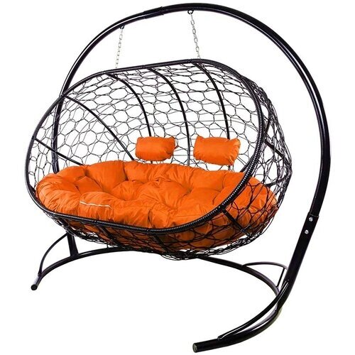 Подвесное кресло из ротанга "Лежебока" черное с оранжевой подушкой 2140х1130х1840 M-Group