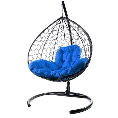 Подвесное кресло из ротанга "XL" черное с синей подушкой M-Group