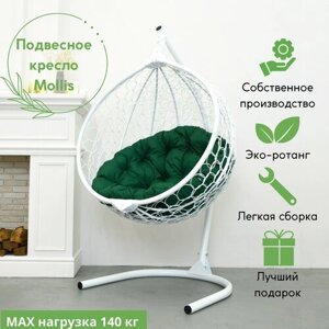 Подвесное кресло садовое кресло кокон для отдыха дома Mollis Ажур 140 кг EcoKokon одноместное со стандартной стойкой Белый и зеленой круглой подушкой