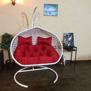 Подвесное кресло Сомбреро кантри на металлической белой стойке с красной подушкой