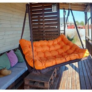 Подвесные качели, качели садовые, диван 180*100, качели для дачи, уличные качели коричневая с оранжевой подушкой