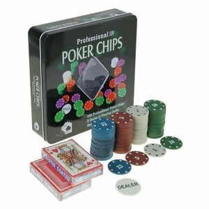 Покер, набор для игры (карты 2 колоды, фишки 100 шт) с номиналом, 20x20 см