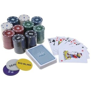 Покер, набор для игры (карты 2 колоды товар микс (микс цветов, 1шт), фишки 200 шт. с номиналом, 60 х 90 см