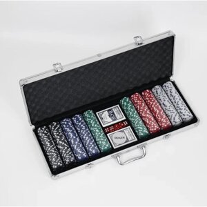 Покерный набор в металлическом кейсе (карты 2 колоды, фишки 500 шт, 5 кубиков)