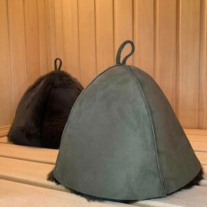 Профессиональная банная шапка премиум класса ручной работы из натуральной овечьей шкуры цвет хаки (темно-зеленый). Подарок на праздник. Подарок