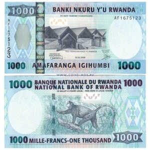 Руанда 1000 франков 2008 г Обезьяна в парке вулканов Вирунга UNC