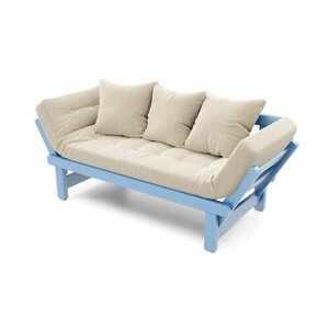 Садовый диван Soft Element Эльф-С, бежевый-голубой, массив дерева, раскладные подлокотники, рогожка, на террасу, на веранду, для дачи, для бани