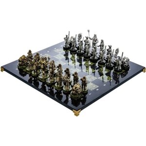 Шахматы "Пираты Карибского моря" с каменной доской и фигурами из бронзы 40х40 см