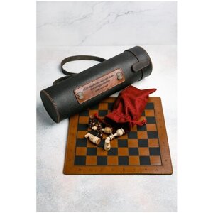 Шахматы складные с доской из натуральной кожи сувенирные подарочные ручной работы - эксклюзивный оригинальный подарок "BoomGift"