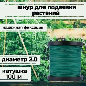 Шнур для подвязки растений, лента садовая, зеленая 2.0 мм нагрузка 200 кг катушка 100 метров/Narwhal