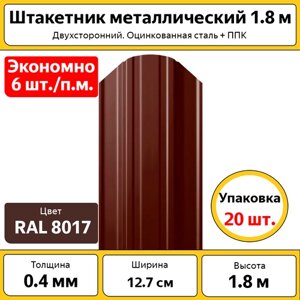 Штакетник металлический (евроштакетник) полукруглый (20 шт. высота 1.8 м / ширина 12,7 см / 0.4 мм / коричневый / оцинкованный
