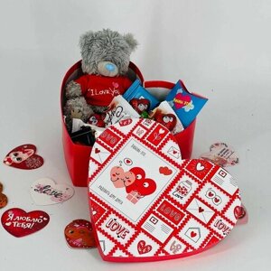 Сладкая валентинка - конфеты, чай и мягкая игрушка в коробке-сердце, чайный букет, чай
