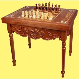 Стол шахматы-нарды Страдивари (массив красного дерева, с нишей под фигуры)