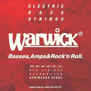Струны для 6-струнной бас-гитары, комплект из 6 струн, стальные, Warwick 42401 M 6 Red Label 25-135
