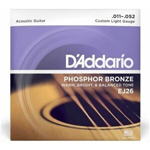Струны для акустической гитары, фосфорная бронза, 11-52 D'addario EJ26 phosphor bronze custom LIGHT 11-52
