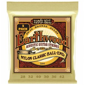 Струны для классической гитары ERNIE BALL 3069 Earthwood 80/20 Folk Nylon 3 Pack 28-42