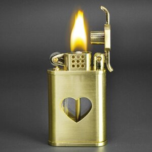 Сверхдолгая автоматическая металлическая бензиновая зажигалка с резервуаром для топлива в виде сердца, цвет золото