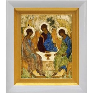 Святая Троица, Андрей Рублев, XV в, икона в белом киоте 14,5*16,5 см