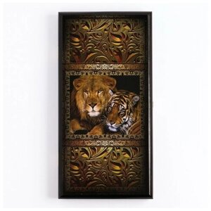 TAKE IT EASY Нарды "Лев и тигр", деревянная доска 40 x 40 см, с полем для игры в шашки